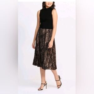 Fortune + Ivy Leopard Print Midi Dress Medium Pleated Skirt Mock Neck Sleeveless